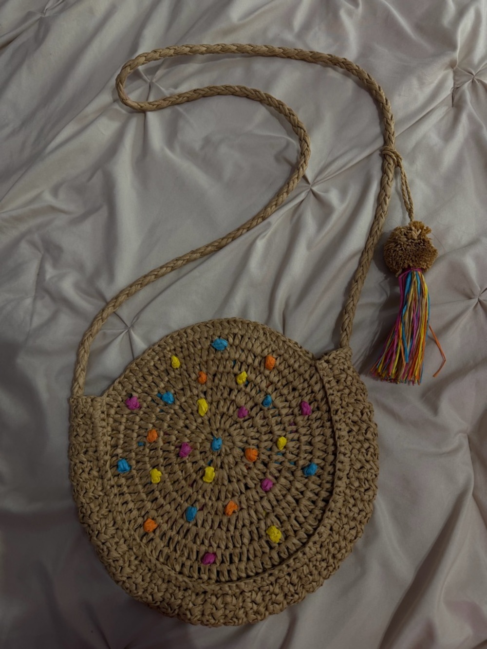 Handwoven Round Straw Crossbody Bag with Colorful Tassels - Natural